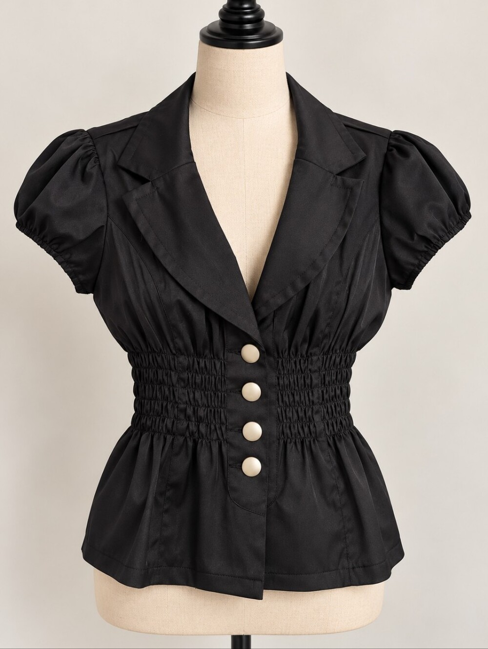 Poetry Black Puff Sleeve Smocked Waist Button Front Peplum Blouse